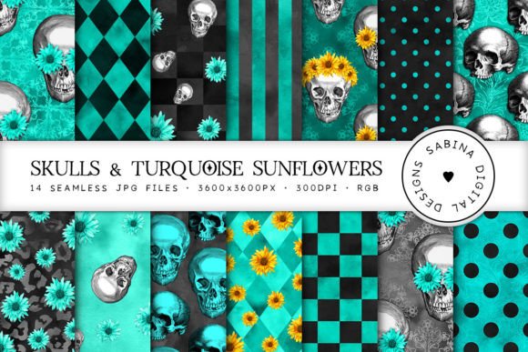 Skulls Turquoise Sunflowers Patterns: Bold, Versatile & Halloween-Ready Seamless Backgrounds