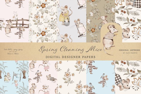 Spring Cleaning Mice Seamless Patterns