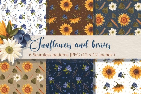Sunflowers Berries Seamless Patterns